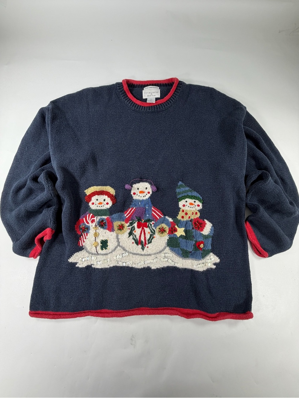 Christopher & Banks Snowman Ugly Christmas Sweater Beaded Holiday Womens Large